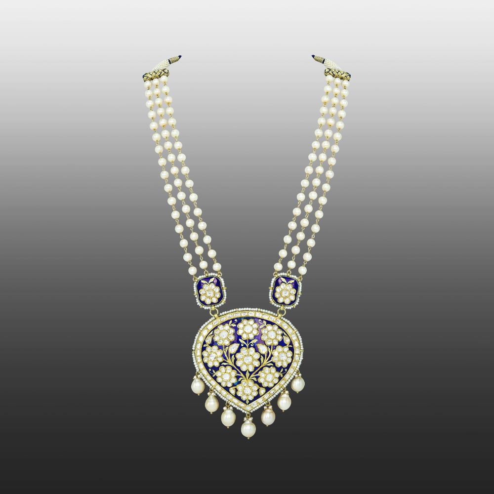 Pearl Strand Necklace with Blue Meena Polki Floral Pendant